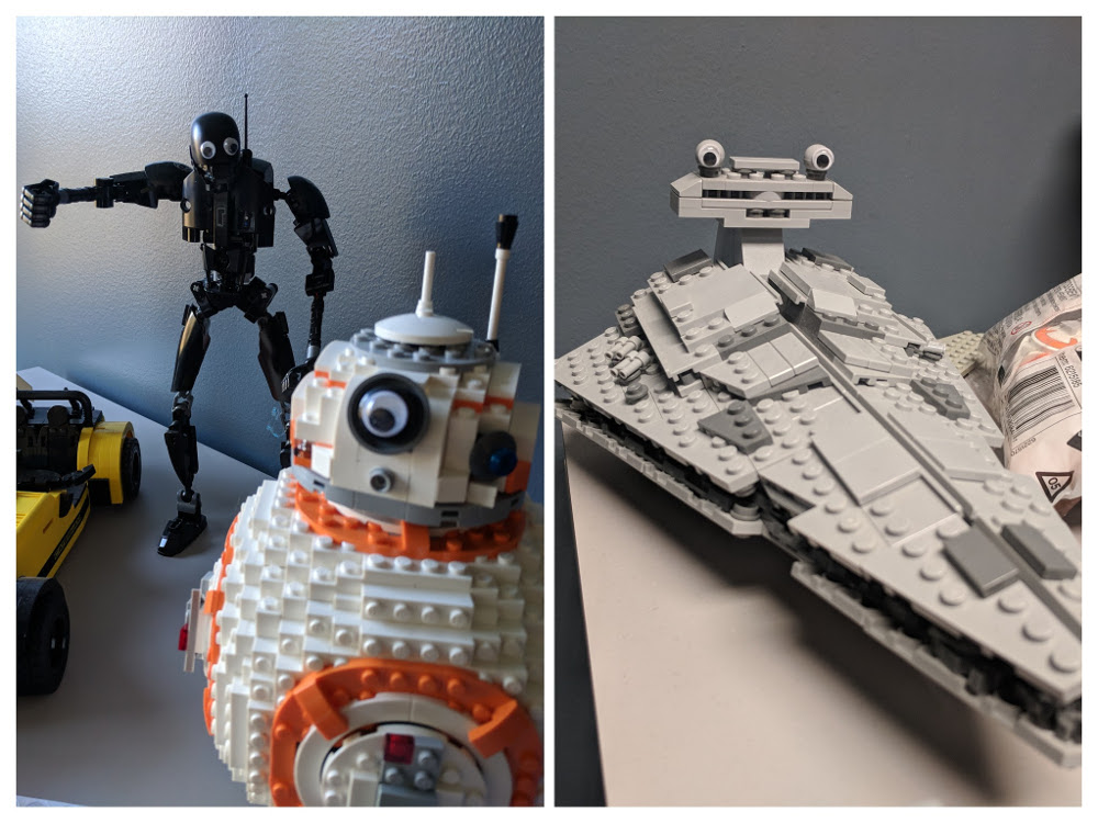 Googly eyes on Star Wars LEGO sets (BB-8, K-2SO, Star Destroyer)